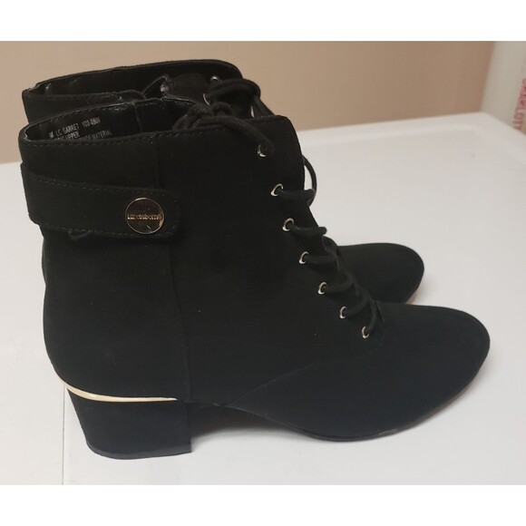 Liz Claiborne Black Faux Suede Lace-Up Ankle Boots Gold Hardware Size 9 PO Good - Picture 2 of 15